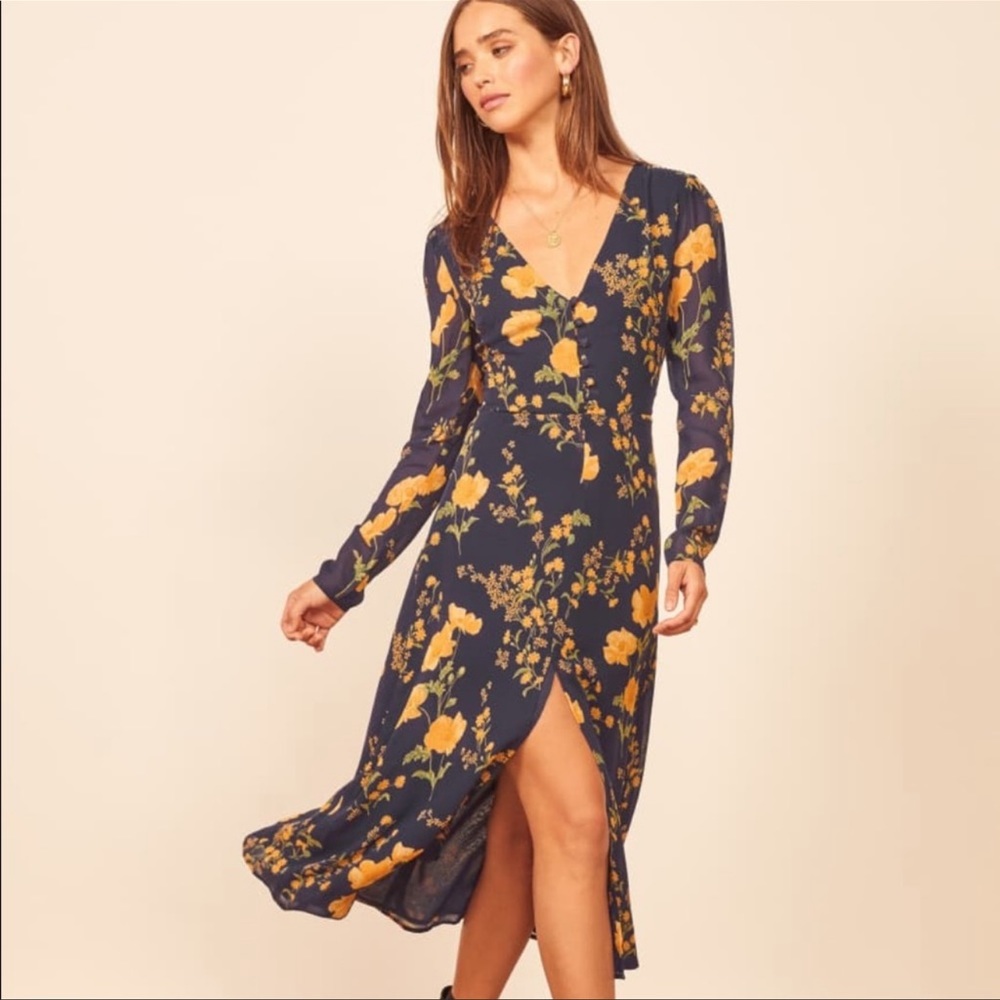 Reformation Floral Midi Dress in Navy and Yellow